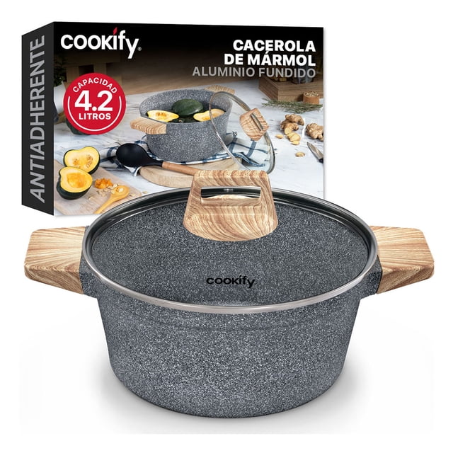 Olla Cacerola de Aluminio con Revestimiento Antiadherente Libre de PFOA Cookify (Mármol Gris, 24 cm)