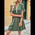 thumbnail image 4 of Robes Babydoll Fluides à Col en V pour Femmes, Été 2025, Manches Courtes, Robe Tunique Mini Décontractée Verte G, 4 of 10