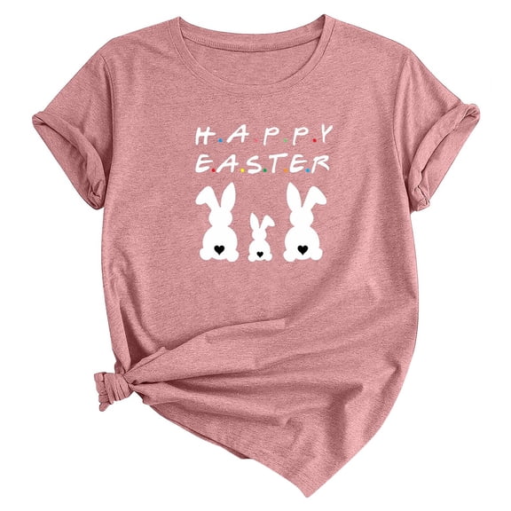 Tfken Easter Women Tees Bunny Print Crew Neck Short Sleeve Summer Easter Party Women Casual Shirts Female Comfortable Outfit Pink Size L