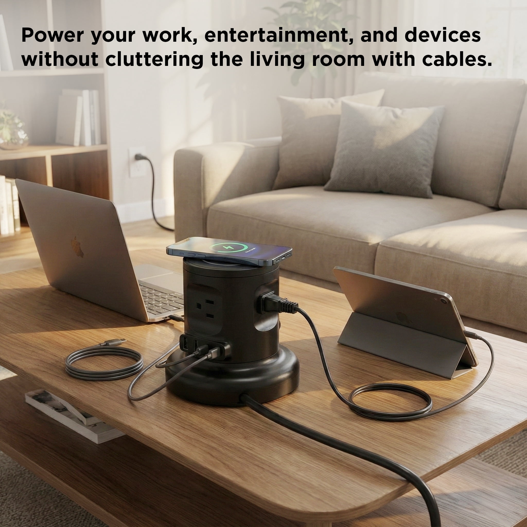 Wireless Retractable Power Strip Tower, 9-in-1 Surge Protector with 4 AC Outlets, 2 USB-C PD, 2 USB-A, 15W Wireless Charger, 6ft Auto-Retracting Cord, Fast Charging Station Black