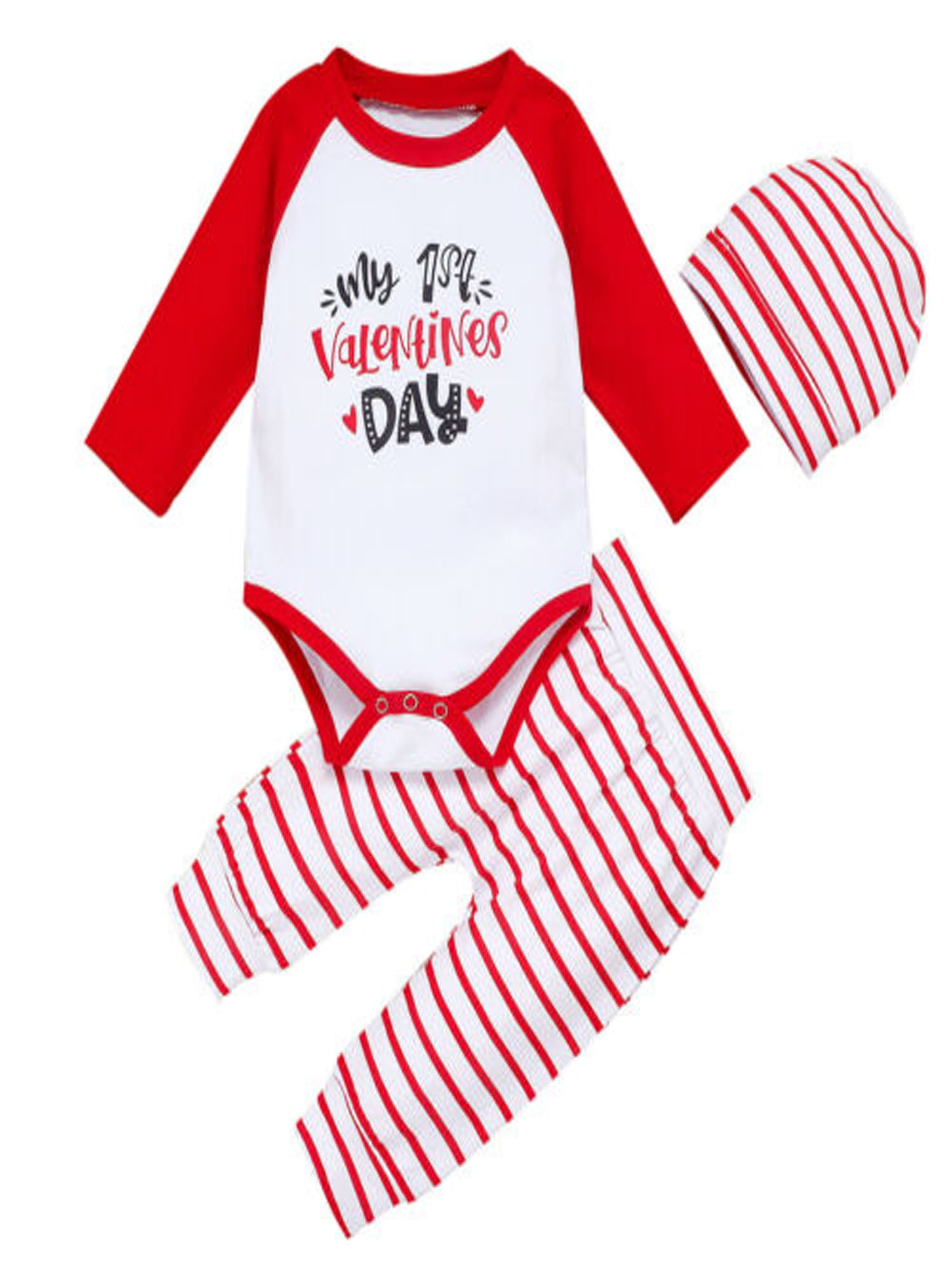 First Valentines Day Romper+Letter Love Pants+Hat 3Pcs Outfits for Toddler Kids Newborn Baby Boys Girls Clothes