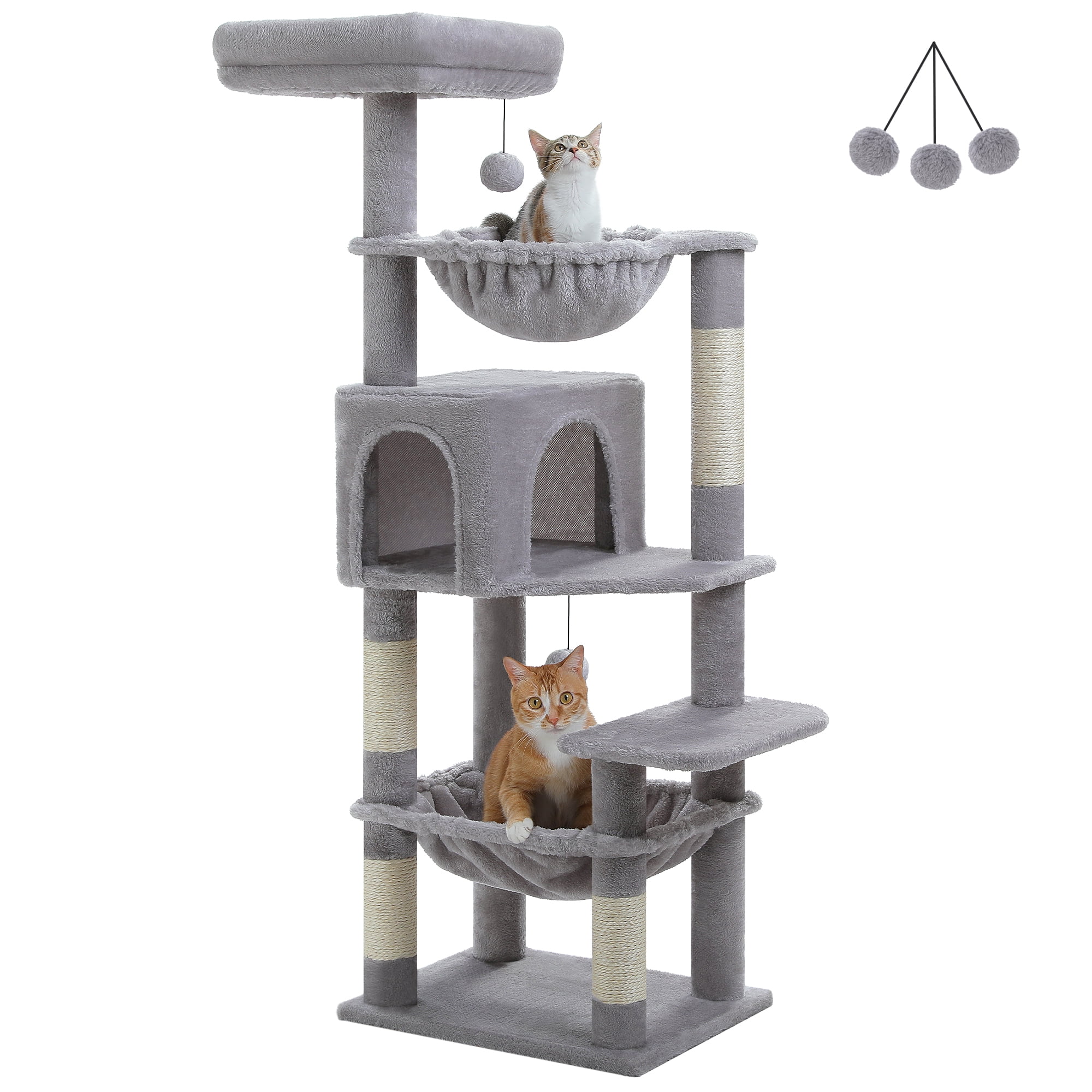 PAWZ Road 49" Large Cat Tree Multi-Level Scratcher with Two Hammocks&Condo for Indoor Cats Gray