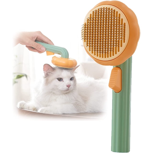 Cepillo para mascotas con forma de calabaza (verde), cepillo para perros, cepillo para gatos, peine para el pelo, peine para el pelo de perros y gatos con botón de limpieza de un solo clic, mango boni