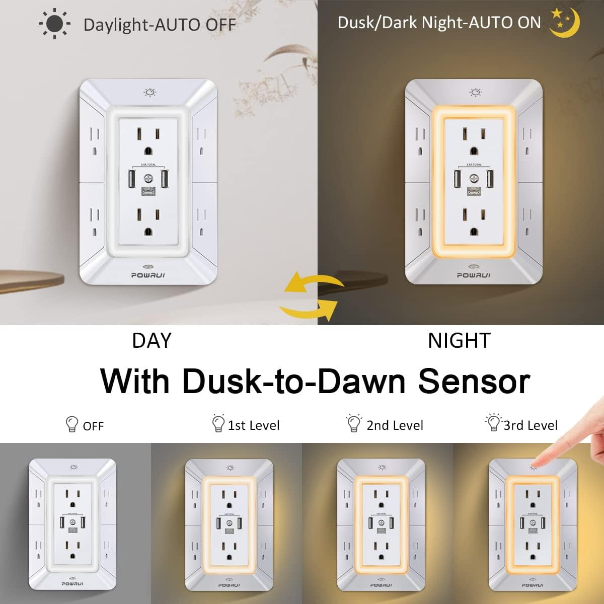 Multi Plug 6 Outlet Surge Protector Extender with 3 USB Ports (1 C) and Night Light, 3-Sided Power Strip Adapter Spaced Outlets, ETL Listed, White