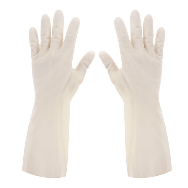 1 par de guantes para tareas domésticas guantes de limpieza guantes de cocina antideslizantes guantes para lavar platos - talla s (blanco) Par de guantes blancos de butironitrilo talla S, vista frontal centrada con puños largos hasta la muñeca y dedos lisos con ligera textura antideslizante; aptos para lavar platos, cocina y limpieza doméstica; también apropiados para el cuidado de mascotas.