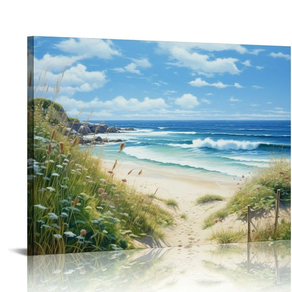 Lingy Small Beach Scene Bathroom Wall Art Beach Path Coastal Canvas Wall Decor Blue Sea Bedroom Ocean Pictures Prints Wall Decorations Seascape Office Kitchen Framed Artwork