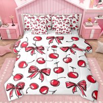 Manfei Chic Red Bowknot Bedding Comforter Set 7pcs for Child, Yummy Cartoon Cherry King Bedding Sets, Kawaii Ribbon Bow Reversible Bed Sheets, Lightweight Room Decor