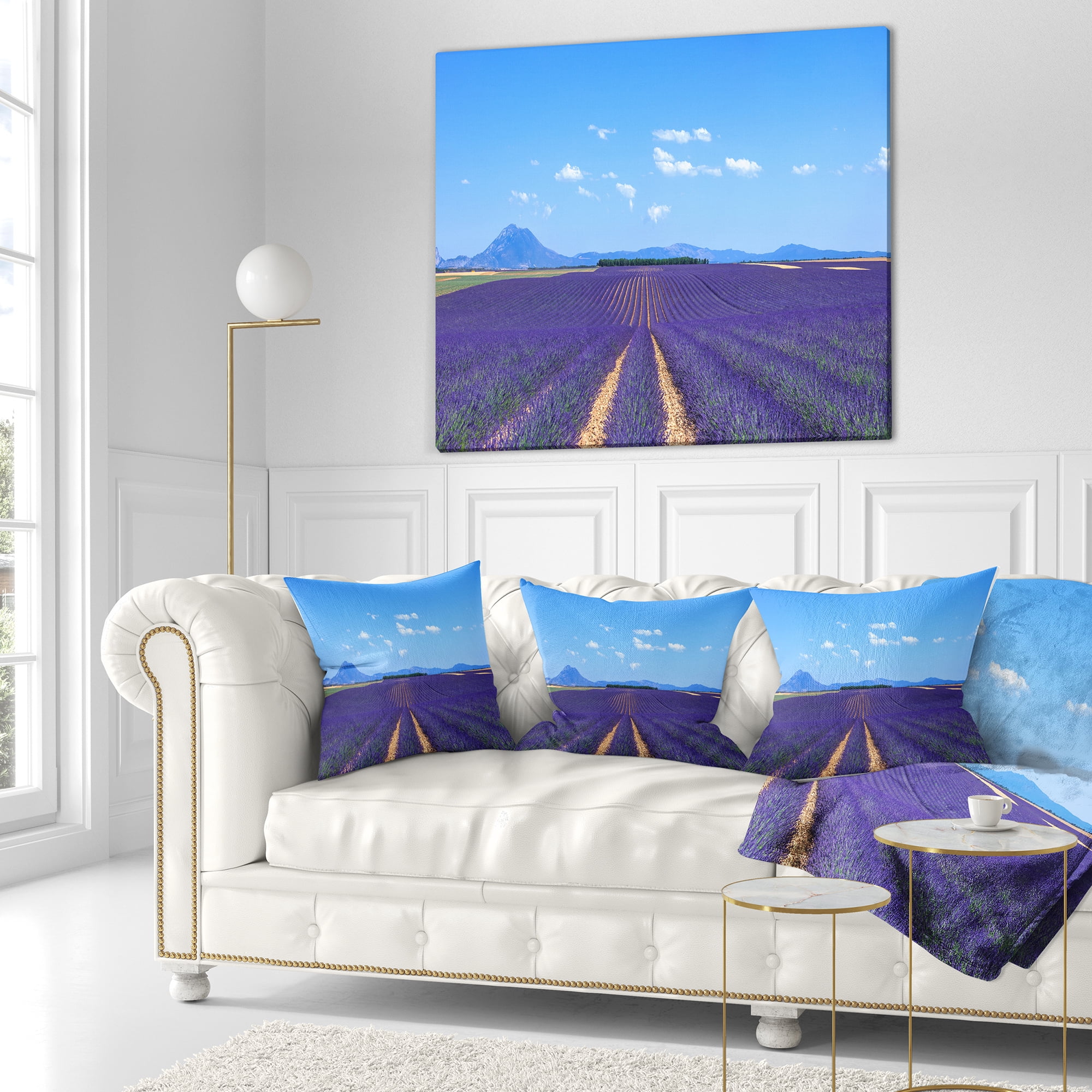 Designart Lavender Blooming Fields and Trees - Landscape Wall Throw Pillow - 18x18