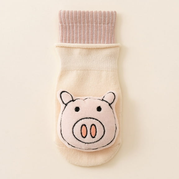 Zunfee Kids Cotton Socks for Girls 1-5 Years - Ultra Soft Pink Pig Appliqué Non-Slip Socks, 1 Pair, Breathable Durable Kids Socks for Everyday Wear/Gifting,Size M