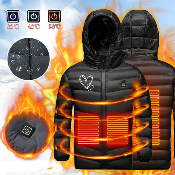 Zwiiyzr 4-15Y Kids Teens Unisex Heated Jacket Usb Intelligent Constant Temperature Heated Windproof Plus Size Coat For Children Winter 3 Heated Jacket Coat Black