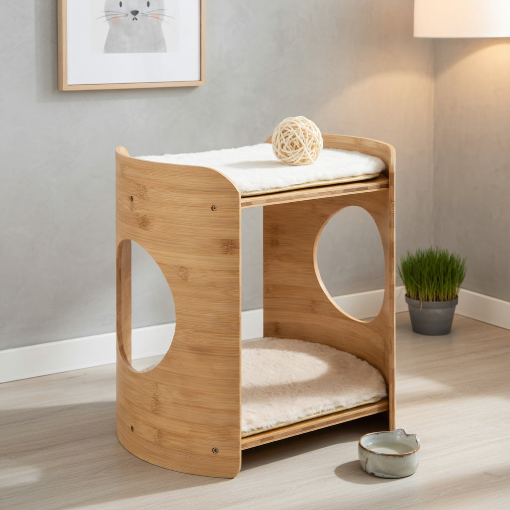 Pefilos 16 Cat House Bamboo Cat Condo 2-Tier Indoor Cat Bed Cat Shelter Furniture with Cushion Beige
