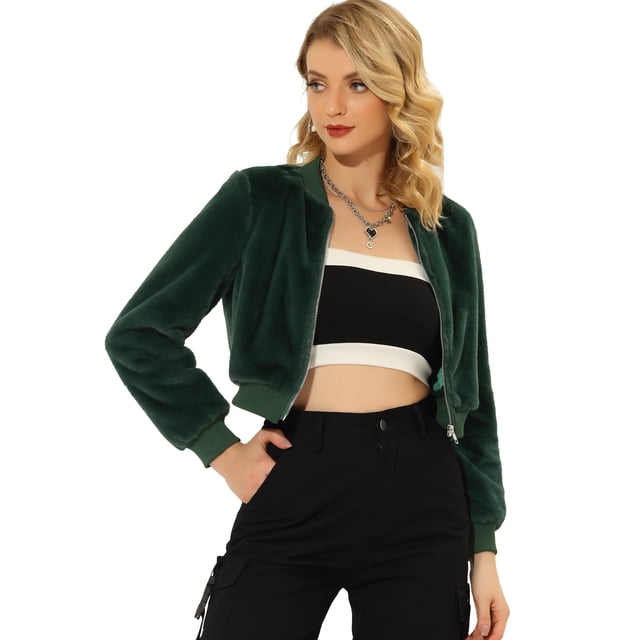 Abrigos esponjosos de invierno para mujer Chaqueta de bombardero de piel sintética con cremallera de manga larga Verde oscuro S