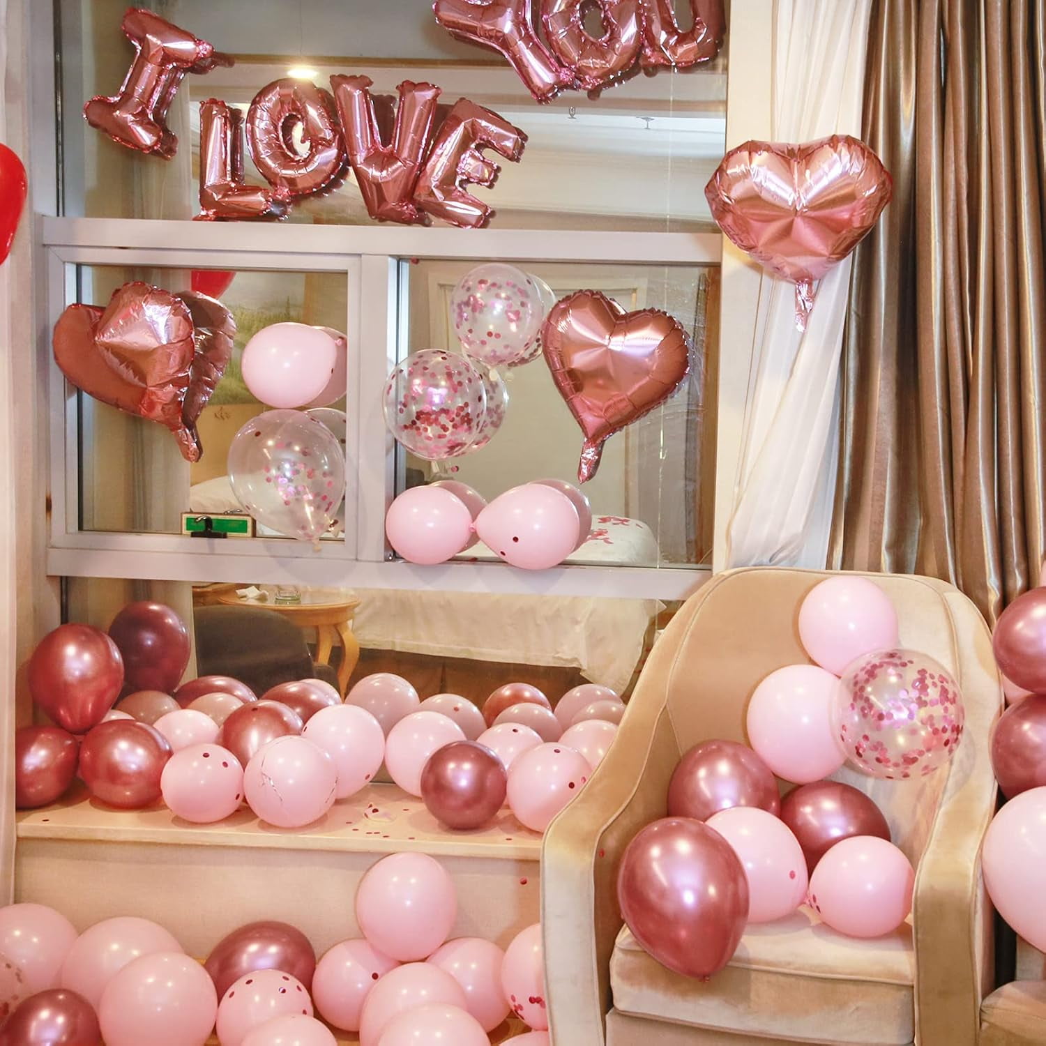 Sparklane Valentines Day Balloons Kit, 101 Pack Rose Gold Pink Heart Balloons with Rose Petals, I Love You Balloons for Anniversary Mothers Day Wedding Romantic Decorations Special Night