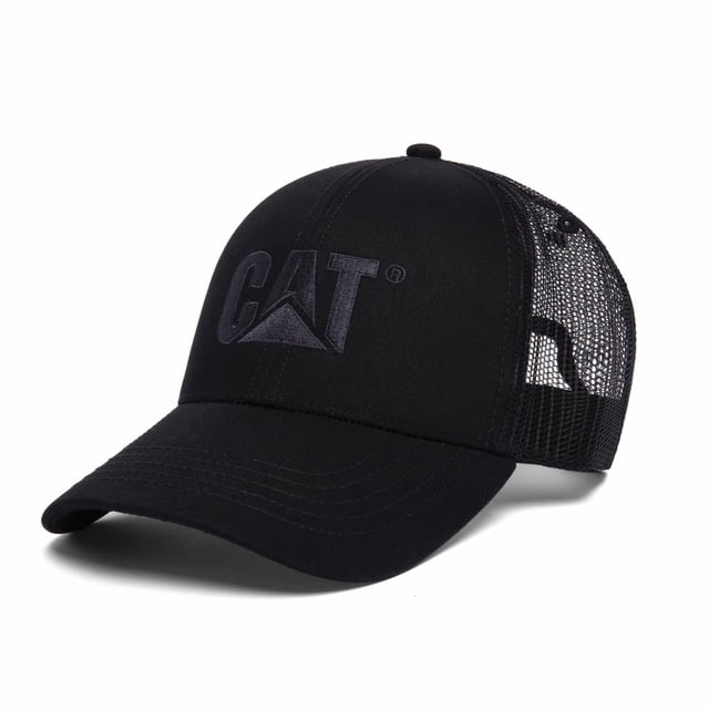 Gorro de malla bordado con logotipo en relieve de Caterpillar, cierre a presión, negro