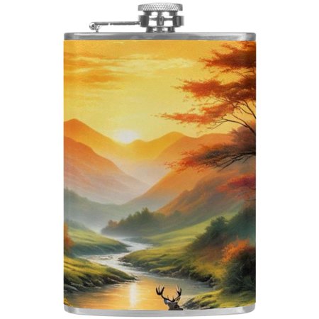 

josid Deer Pattern 3.6x6in Stainless Steel Small Flask Leak-Proof Stainless Steel Construction Wrapped in Premium Two-Layer Leather Nano-Printed Design 227ml Capacity