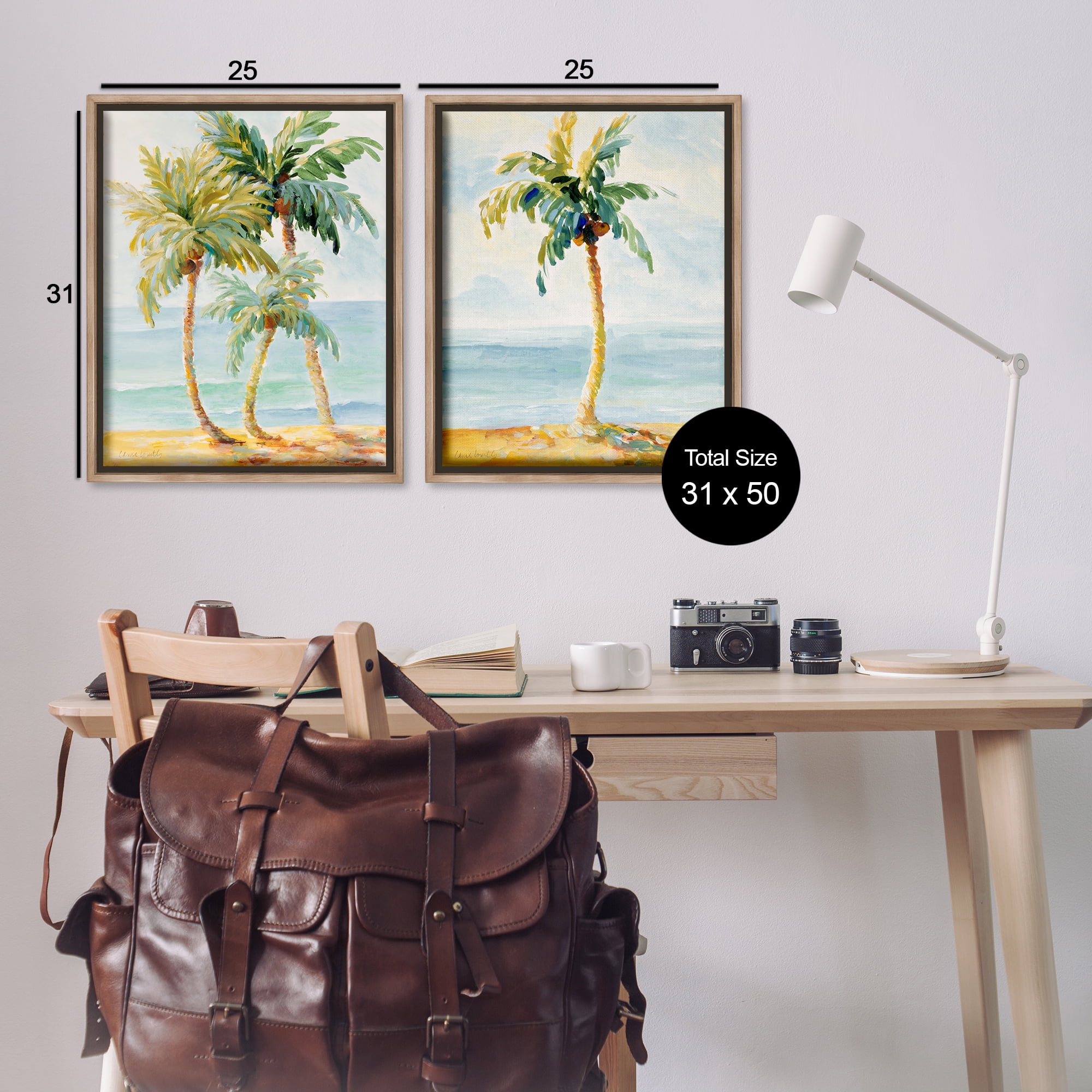 Stupell Industries Tropical Palms Calm Ocean Landscape & Nature Painting Brown Floater Framed Canvas Art Print Wall Art, 31 x 25, Set of 2