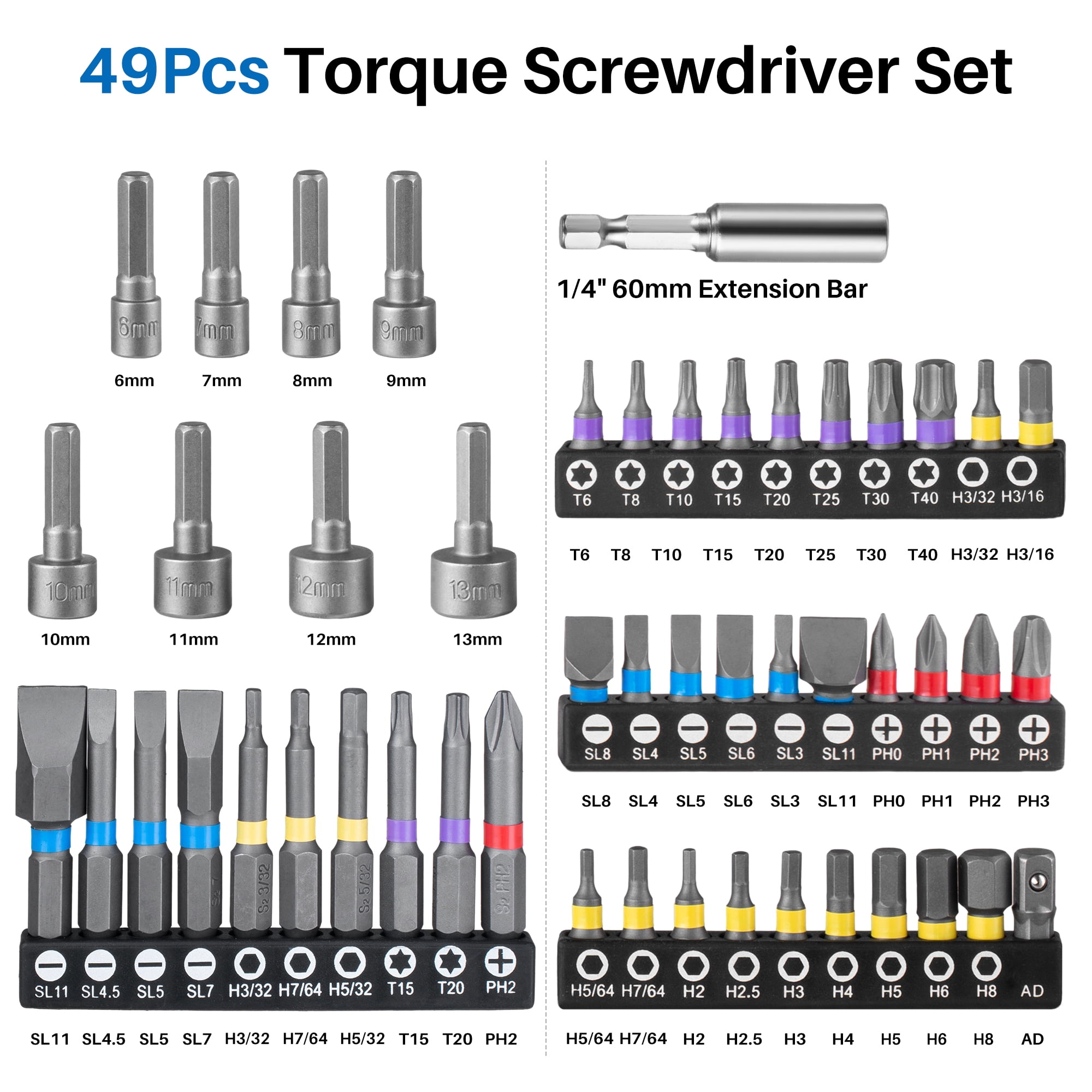 XEIMILE 51Pcs 10-80In-lb Torque Screwdriver,1/4" Drive Wrench Driver Set, Inch Pound Torque Screwdriver with S2 Bits, Extension Bar for Maintenance, Tools, DIY, Bike Repairing and Mounting