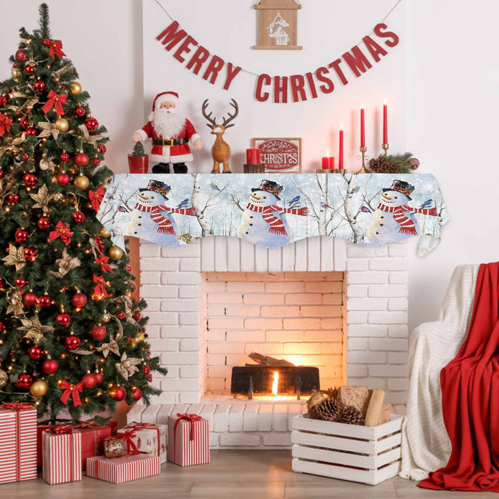 Christmas Snowman Fireplace Mantle Scarf Winter Forster Squirrels Xmas Bird Snowfall Mantel Cover Runner Fireplace Cloth for Holiday Party Home Living Room Decor 70 x 17 Inch