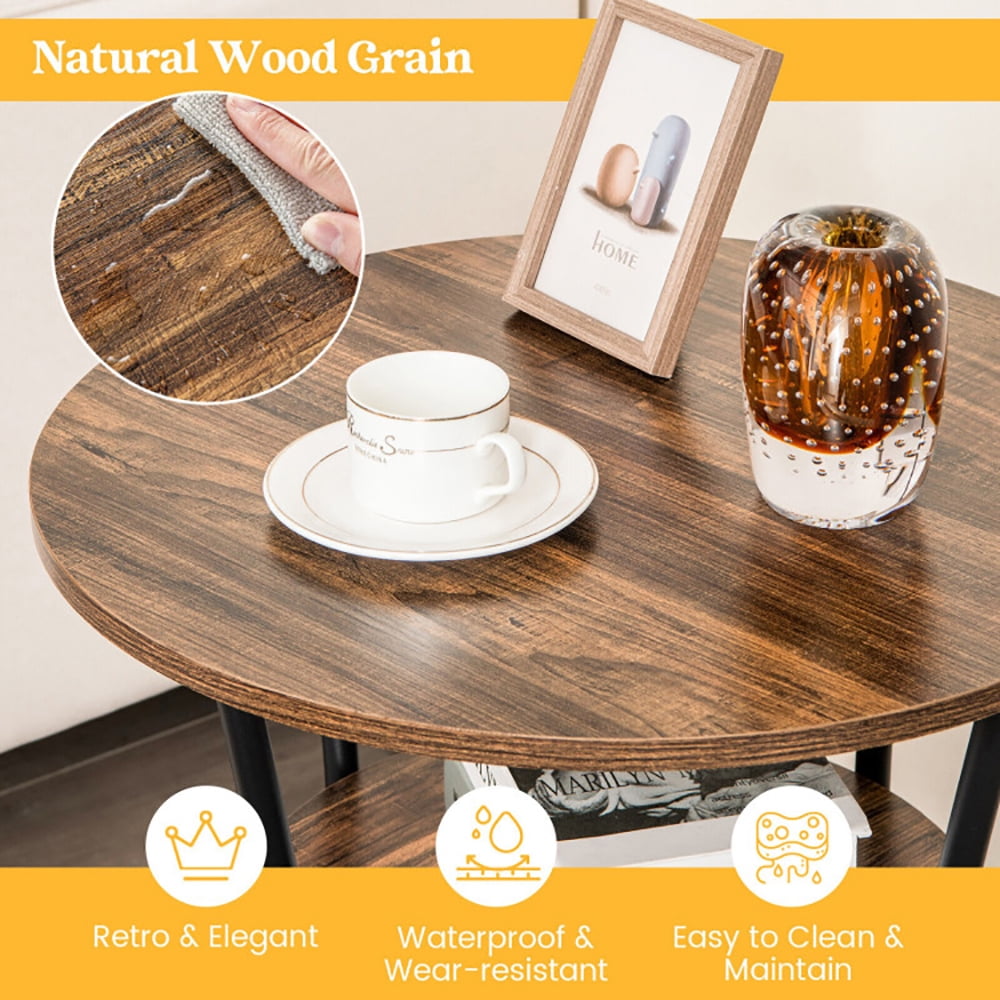 Finihen End Table, 2-Tier Round End Table with Open Storage Shelf and Sturdy Metal Frame, Sofa Side Table, Bed Side Table, for Living Room, Bedroom, Brown Finihen End Table, 2-Tier Round End Table with Open Storage Shelf and Sturdy Metal Frame, Sofa Side Table, Bed Side Table, for Living Room, Bedroom, Brown