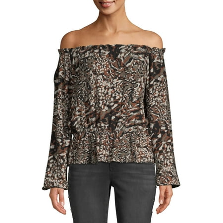 Scoop Off-the-Shoulder Ruffle Trim Printed Knit Top Animal Camo Print
