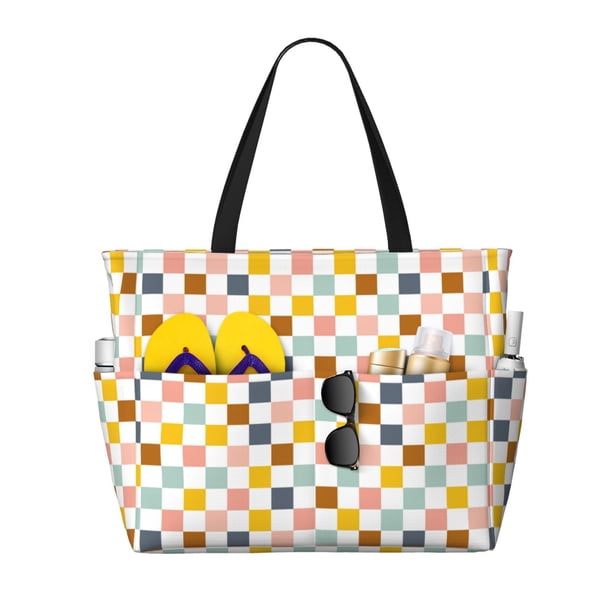 Fotbe Colorful Checkered 1 Bolsa de Viaje para Playa - Resistente al Agua, Bolsa Tote de Gran Capacidad y Ligera con 7 Bolsillos para Mujeres y Hombres