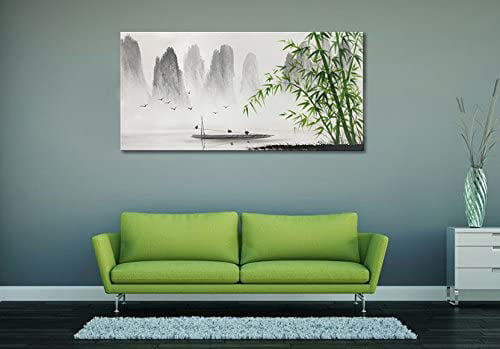 Traditional Chinese Painting Black and White Landscape Canvas Wall Art Bamboo Artwork