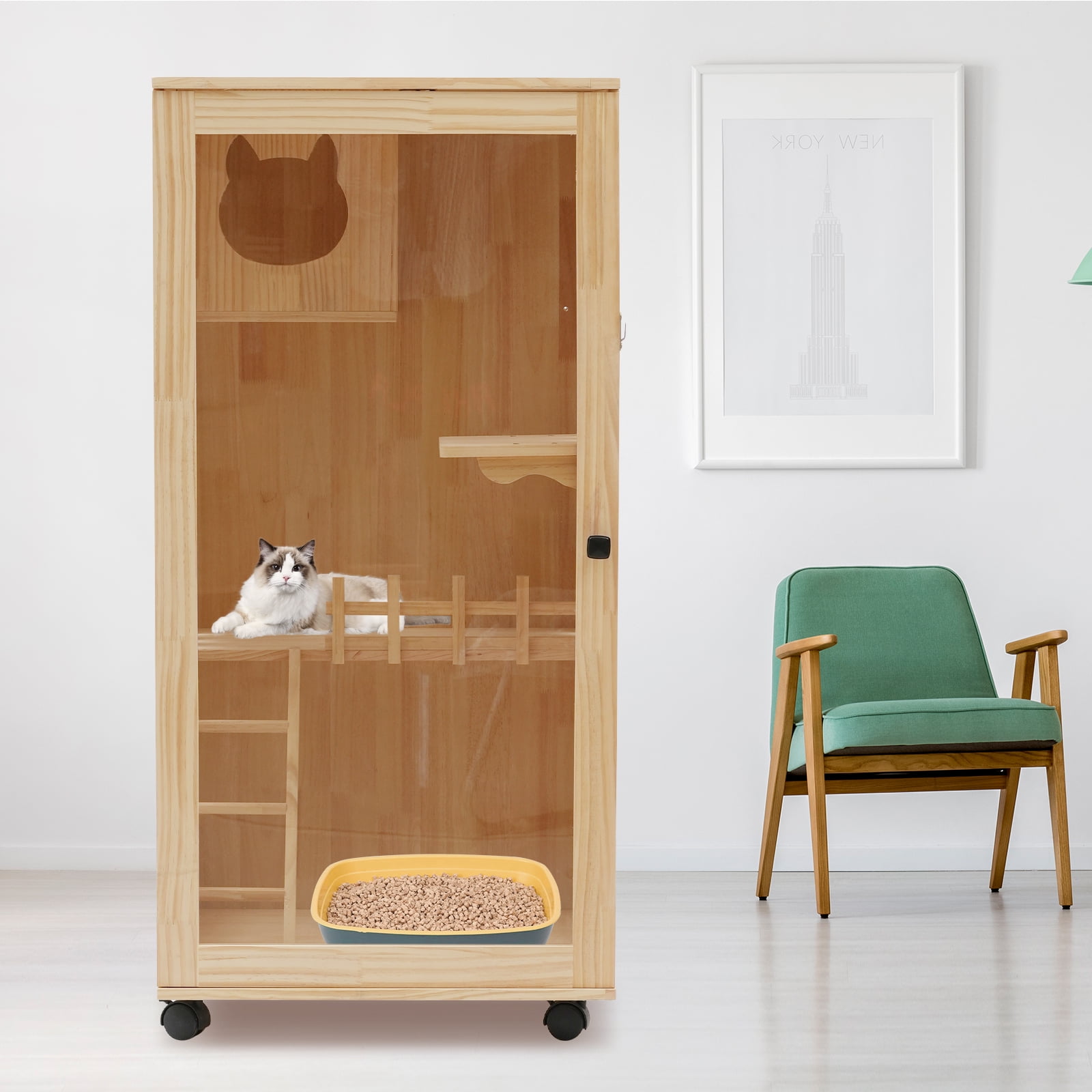 Large Wooden Cat House Indoor Furniture 47 inch Tall Cat Condo with Clear Door and LED Light Spacious Pine Wood Cat Cage