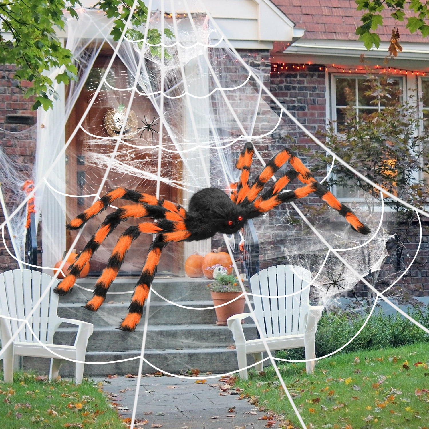 Innens 11.8ft Halloween 144 LED Purple Spider Web Lights with 35" Giant Spider Light up Cobweb Halloween Decorations for Indoor Ourdoor Garden Yard Home Patio (Orange, 1Pc)