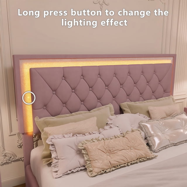 Pink Velvet Queen Size Platform Bed with LED & 2 Nightstands - Contemporary Bedroom Set - 83.7" x 64" Modern Furniture