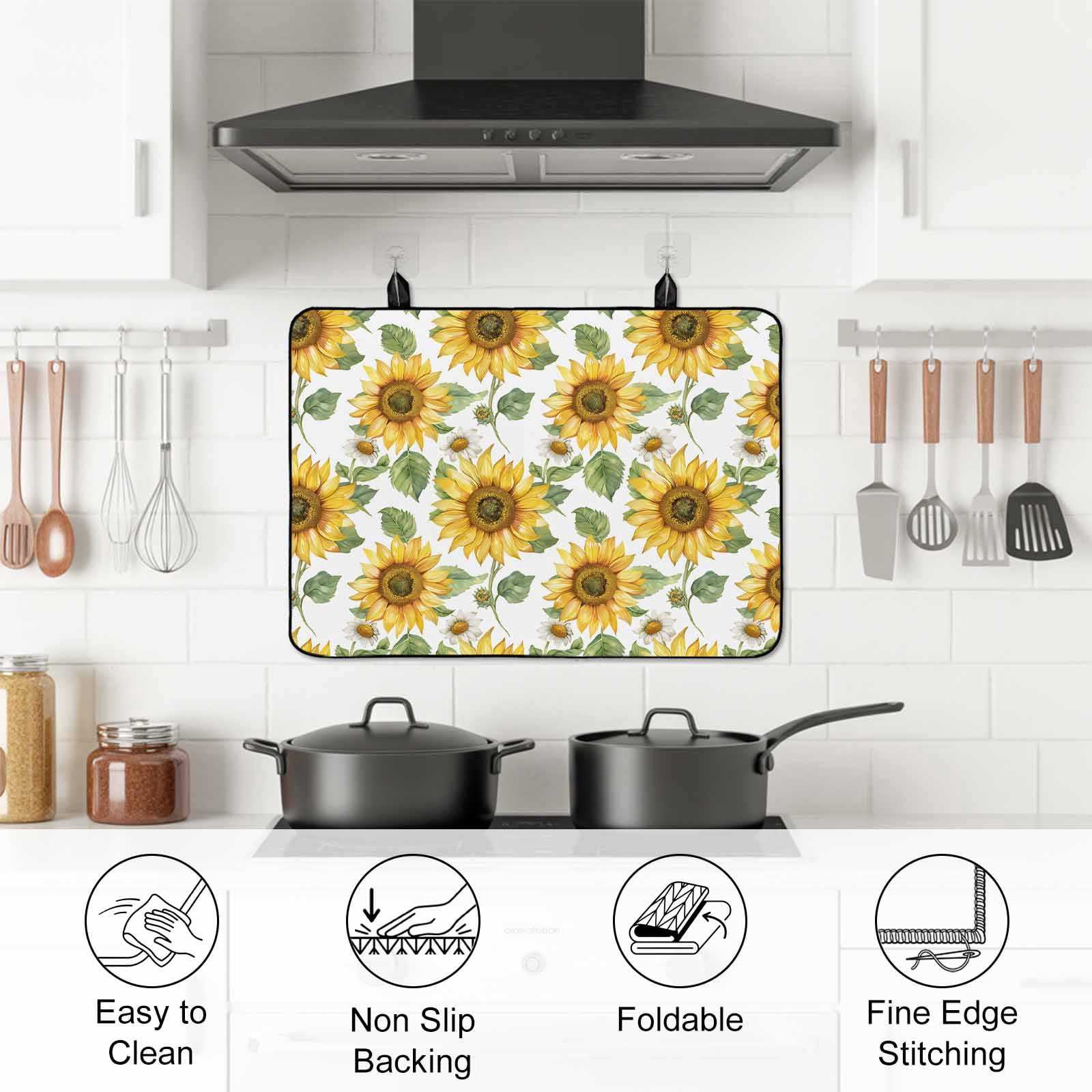 Sunflower Stove Top Cover for Electric Stove, Heat-proof & Non Slip Glass Top Stove Cover Protector, Farmhouse Watercolor Botanical Summer Kitchen Flat Cooktop Rubber Mat 24x21 Inches