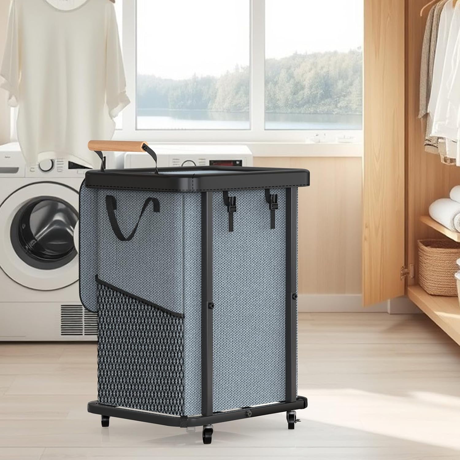 60 Gal (230L) Laundry Hamper 3 Section with Lid, Leather Patchwork Laundry Sorter with Rolling Lockable Wheels and Handle, Laundry Basket Organizer for Laundry Room, Bedroom and Bathroom - Gray