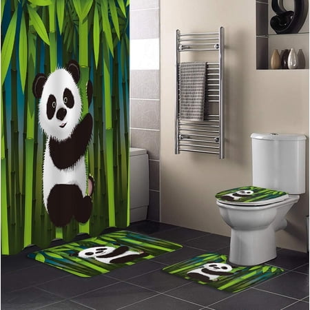 FMSHPON Cartoon 4 Piece Bathroom Set Shower Curtain Bath Rug Contour Mat and Toilet Lid Cover