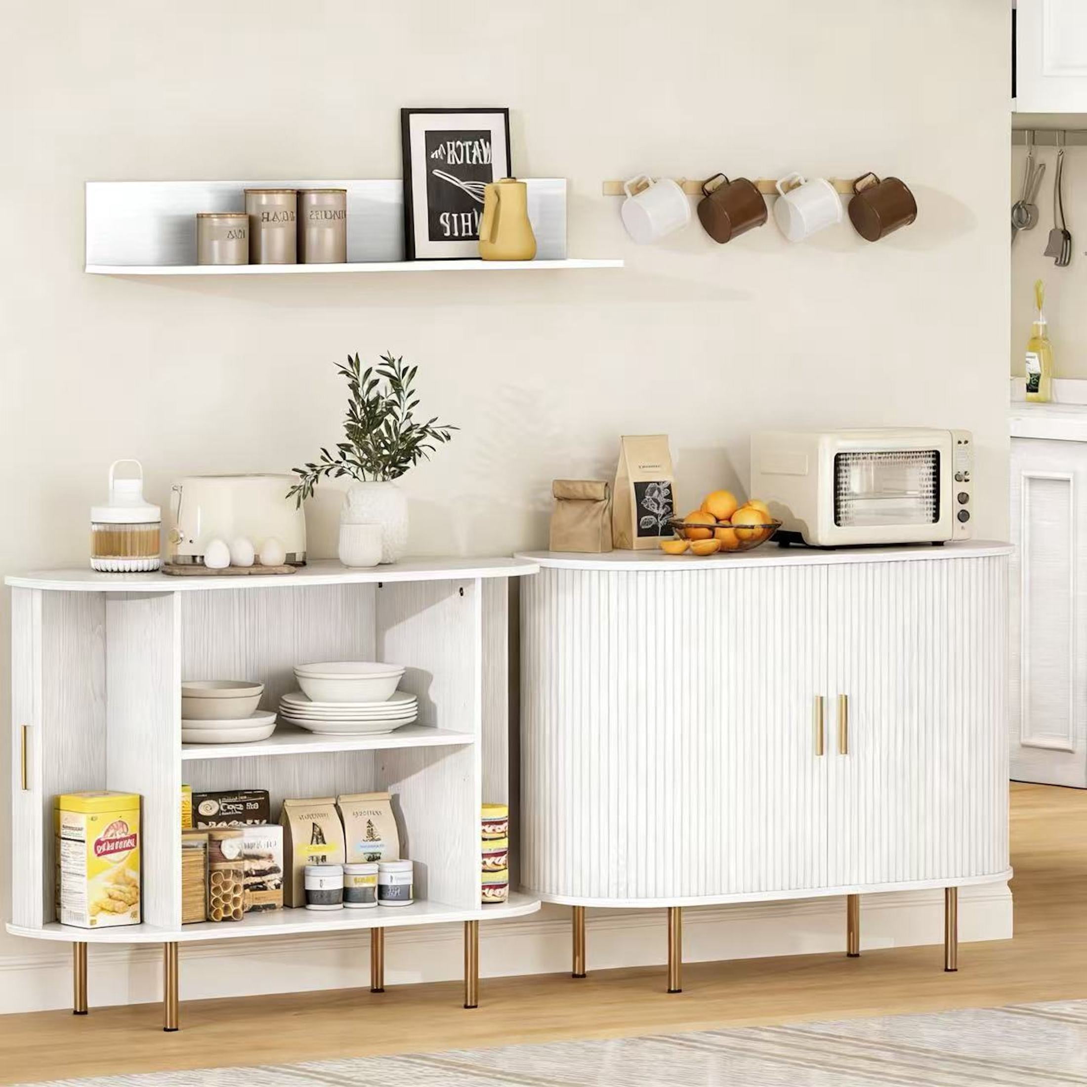 Aisword Sideboard Buffet Cabinet with Storage,Mid Century Modern Fluted Accent Coffee Bar Console Table,Tambour Sliding Doors& Adjustable Shelf for Kitchen, Living Room, Entryway, 40 Inch White
