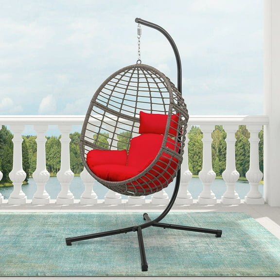 Abble Wicker Hanging Egg Chair with Cushion and Stand - Red