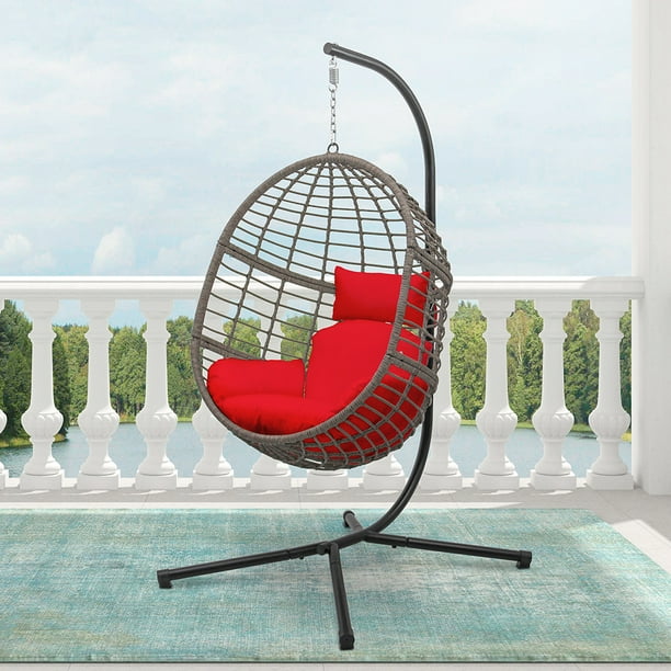 Abble Wicker Hanging Egg Chair with Cushion and Stand Red