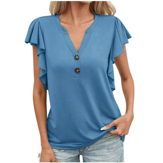 Pompotops Mode Femme Été Col en V Manches Courtes Uni T-shirt Blouse Décontractée Liquidation