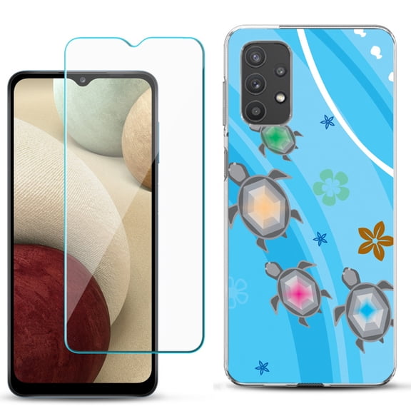 Slim-Fit TPU Phone Case compatible with Samsung Galaxy A32 5G, with Tempered Glass Screen Protector, by OneToughShield ® - Happy Turtle