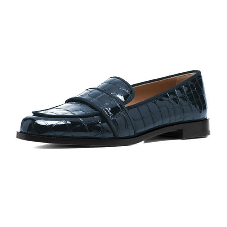 XYD Women Business Closed Almond Toe Slip On Low Heel Crocodile Embossed Loafers Casual Office Work Dress Shoes Size 10 Blue
