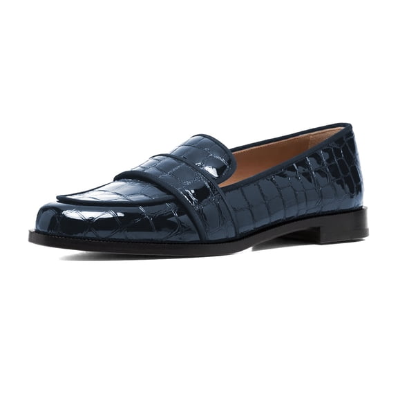 XYD Women Business Closed Almond Toe Slip On Low Heel Crocodile Embossed Loafers Casual Office Work Dress Shoes Size 7 Blue