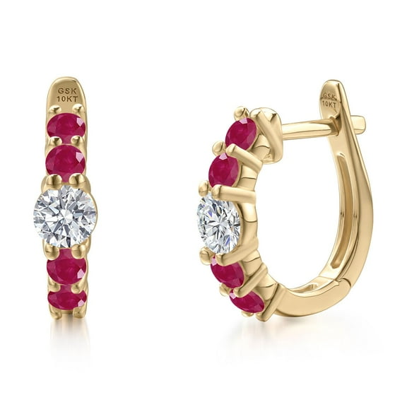 Gem Stone King 10K Yellow Gold Lab Grown Diamond and Red Ruby Hoop Earrings for Women | 1.02 Cttw | Gemstone April Birthstone | Round 4MM