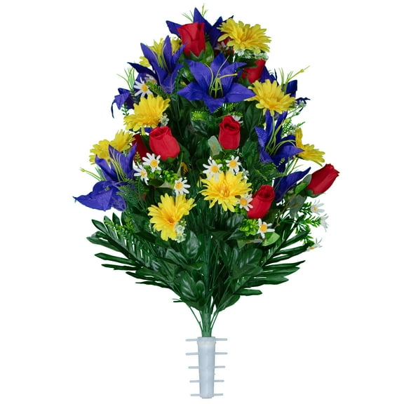 Sympathy Silks Artificial Cemetery Flowers Purple Lilies with Yellow Daisies and Red Roses