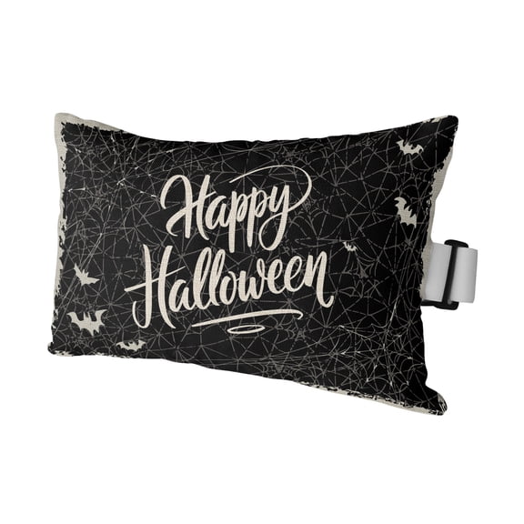 1 Pack Outdoor Waterproof Throw Pillows for Head,Happy Halloween Words on Black Cushion Cases with Insert&Straps Neck Pillows for Patio Recliner Chair,Horror Bats