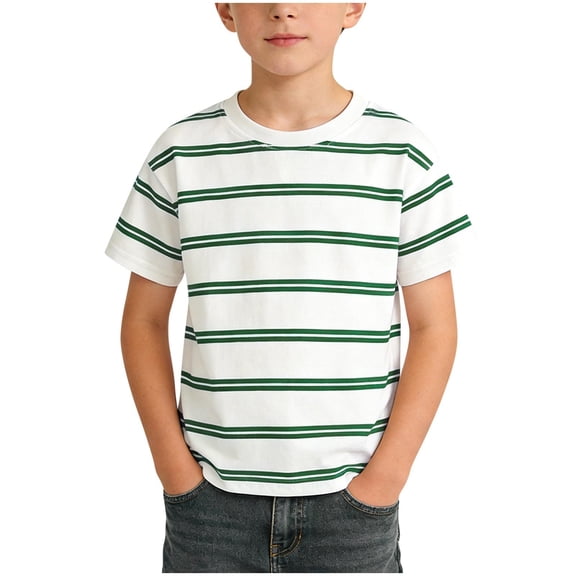 MGDXOX Boys Striped Short Sleeve T-Shirts Kids Casual Crewneck Drop Shoulder Summer Basic Tees Tops Green 3-4 Years