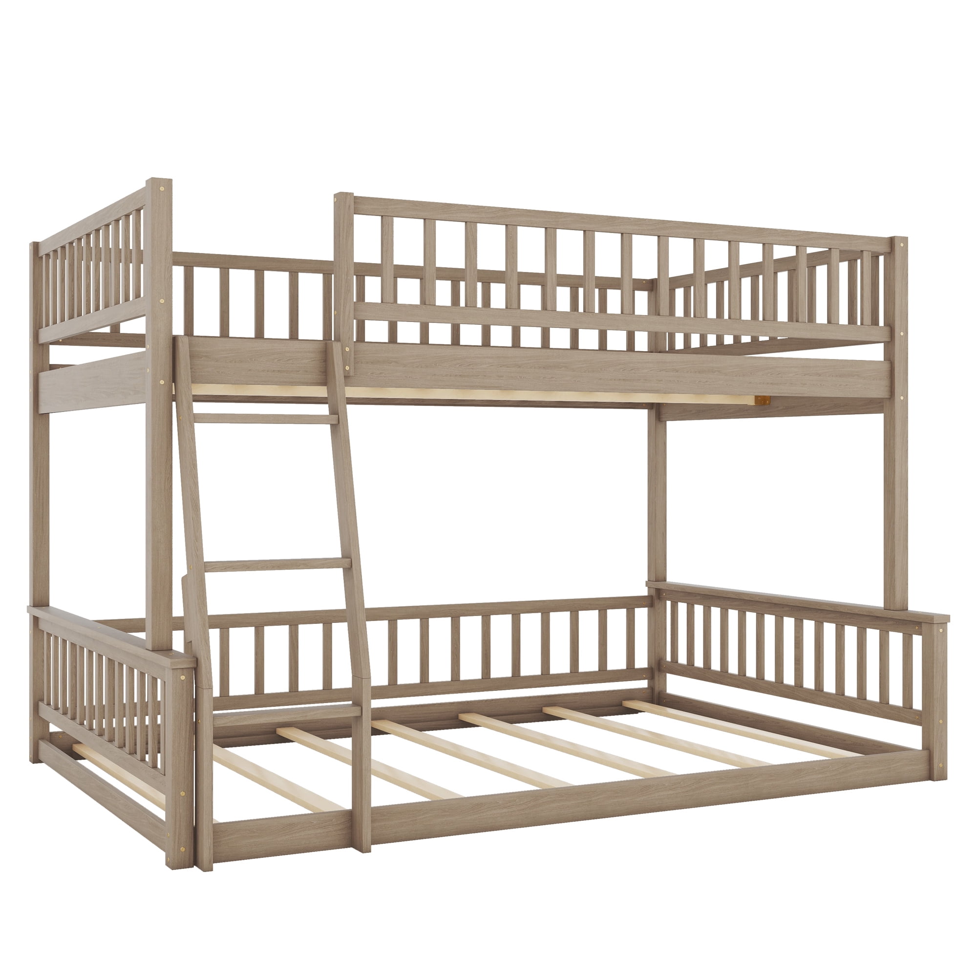 Full XL Over Queen Bunk Bed for Kids Adults, Queen Size Floor Bunk Beds with Inclined Ladder, Solid Wood Low Bunk Bed,Detachable Bunk Beds for Teens,Girls,Boys
