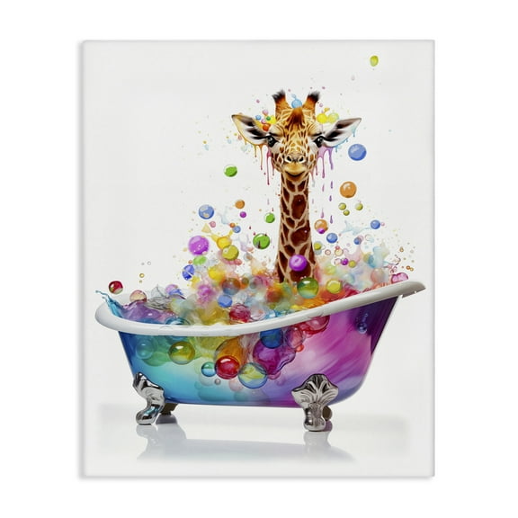 Stupell Industries Rainbow Bubble Bath Giraffe Bath & Laundry Painting Wrapped Canvas Art Print Wall Art, 16 x 20
