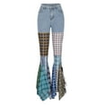 thumbnail image 3 of QATAINLAV Flare Pants Jeans for Women Stretchy High Waisted Plaid Patchwork Bell Bottoms Casual Straight Leg Denim Trousers Streetwear with Pockets Today Sales Light Blue L, 3 of 9