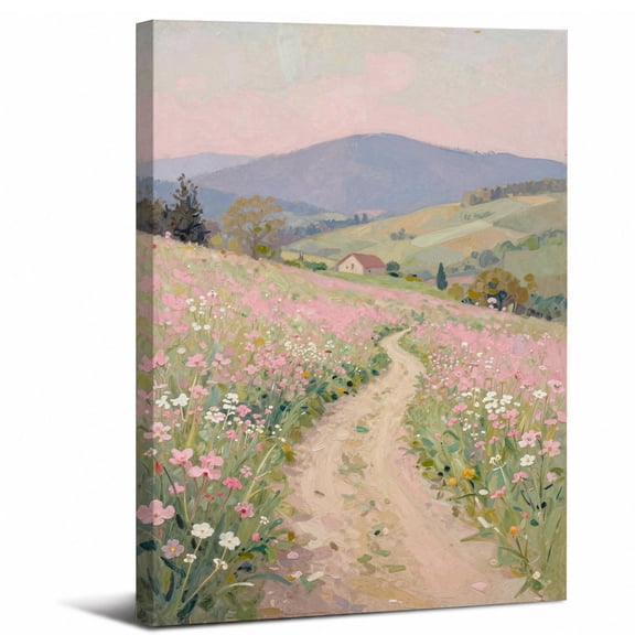 Framed Pink Meadow Canvas Wall Art Decor,Pastel Pink Wildflowers Path Cottage Hills Mountains abstract canvas print for bathroom bedroom living room