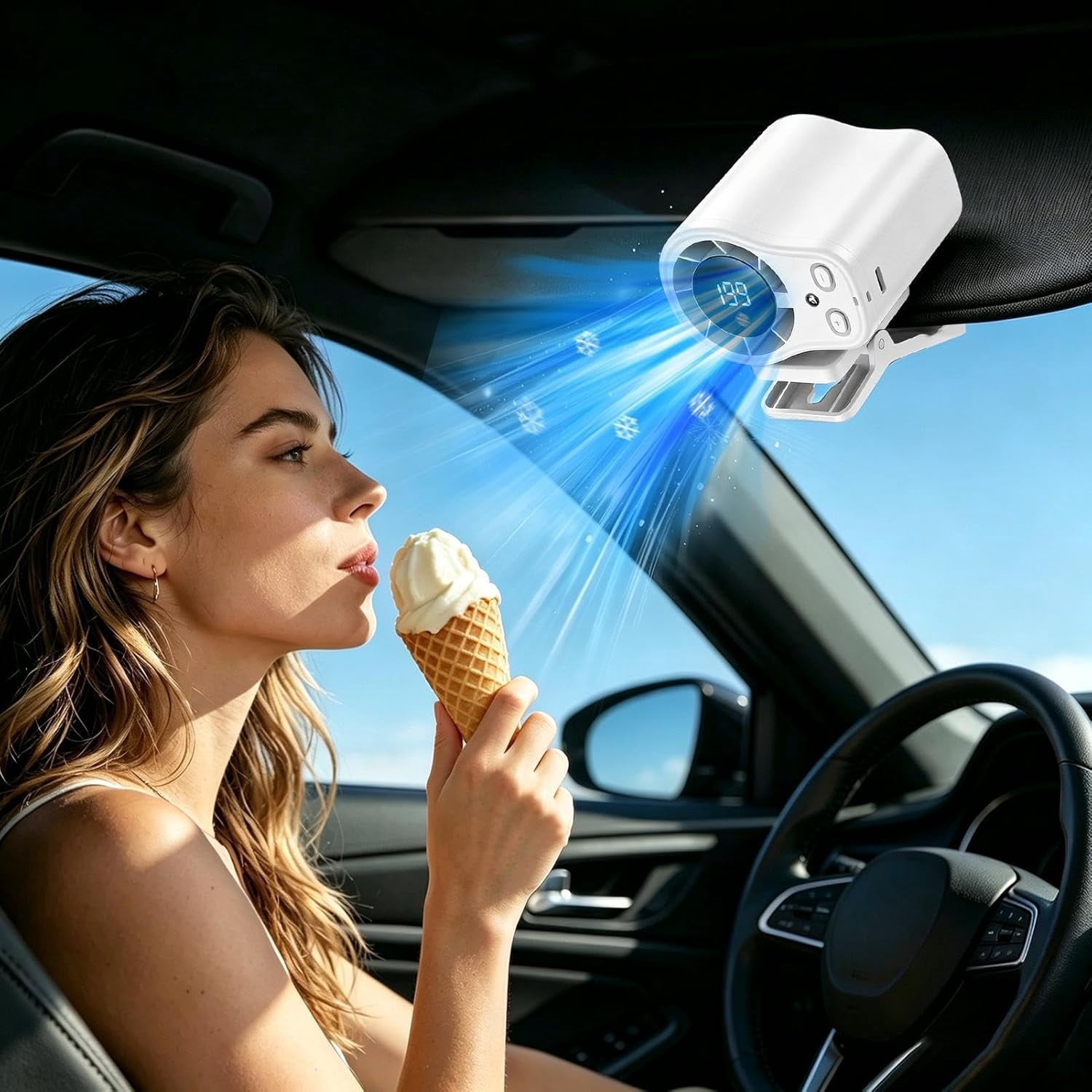 Car Fan , Clip On Low Noise LED Display , Clip On Fan - for Cycling Traveling Fishing Camping Beach Road Trip Jobsite Men Women Youth Teens