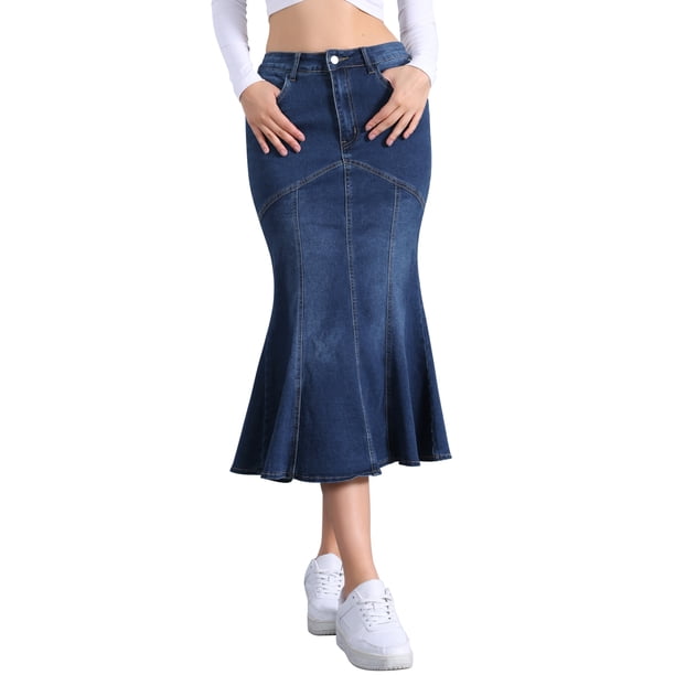 Falda de mezclilla con cola de pez Inspire Chic para mujer, falda midi de jean ajustada, XS, azul oscuro