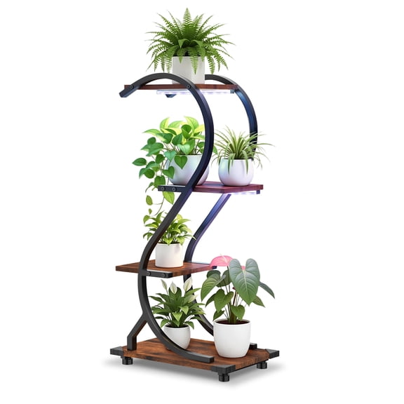 UNTIMATY 16" x 10" x 31" 4-Tier Black Metal S-Shaped Plant Stand with Grow Lights for Indoor Plants